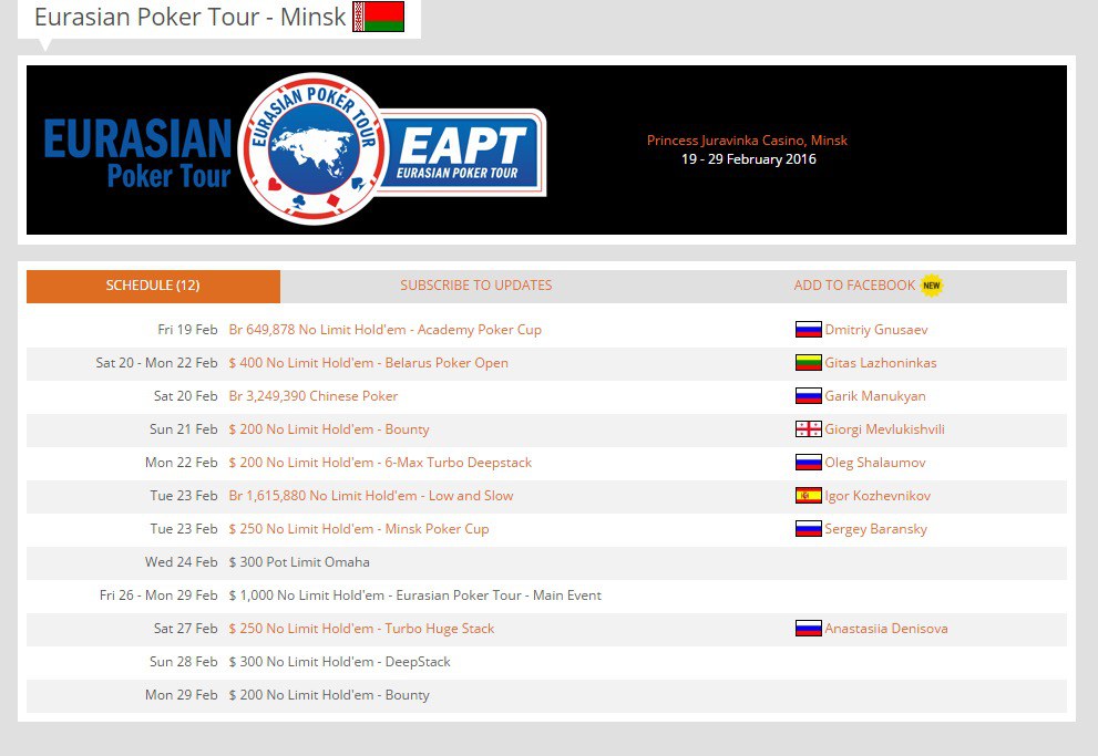 Eurasian Poker Tour 2016 результаты Eurasian Poker Tour 2016